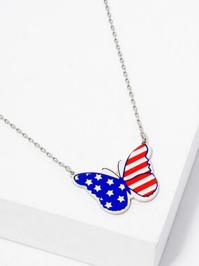18K Gold Dipped US Flag Printed Butterfly Pendant Necklace
